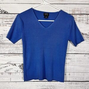 Vintage 90s Y2K City Silk Ribbed Knit Short Sleeve Top Tee Womens M Royal Blue